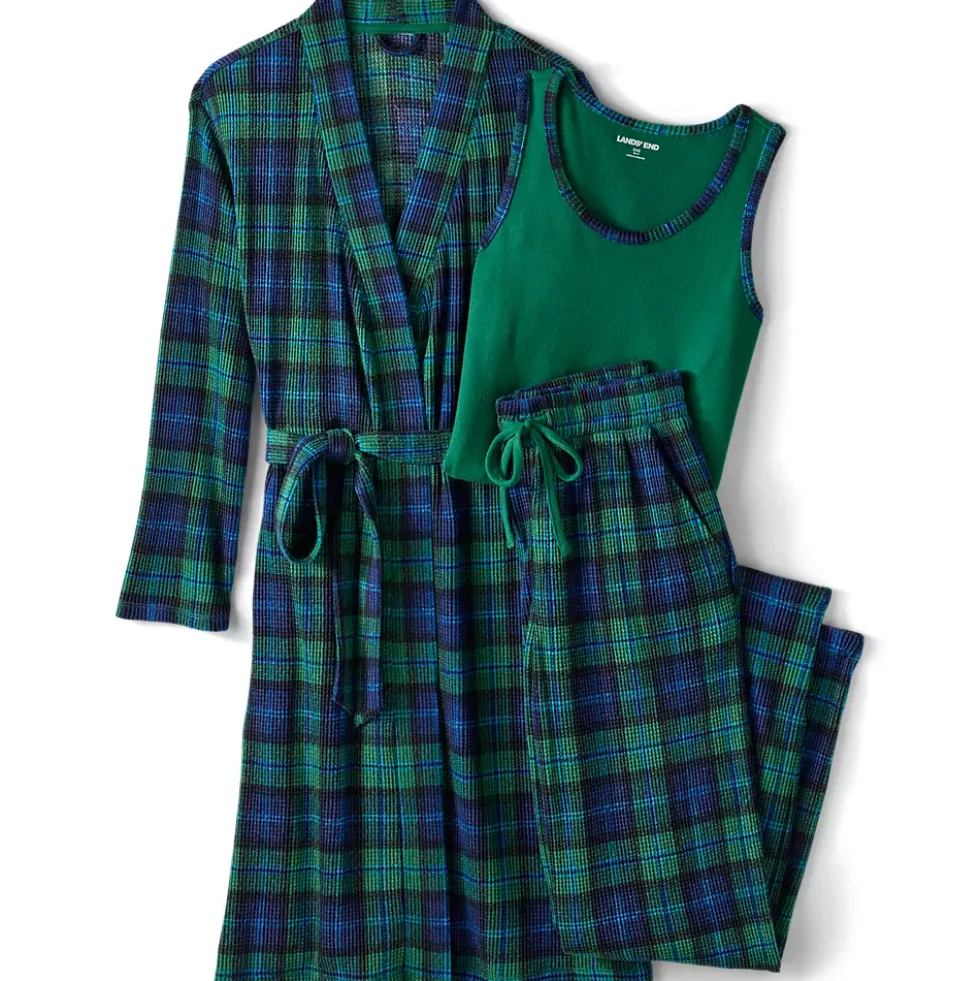 Women's Brushed Cozy Waffle Jersey 3 Piece Pajama Set - Tank Top Pant and Robe