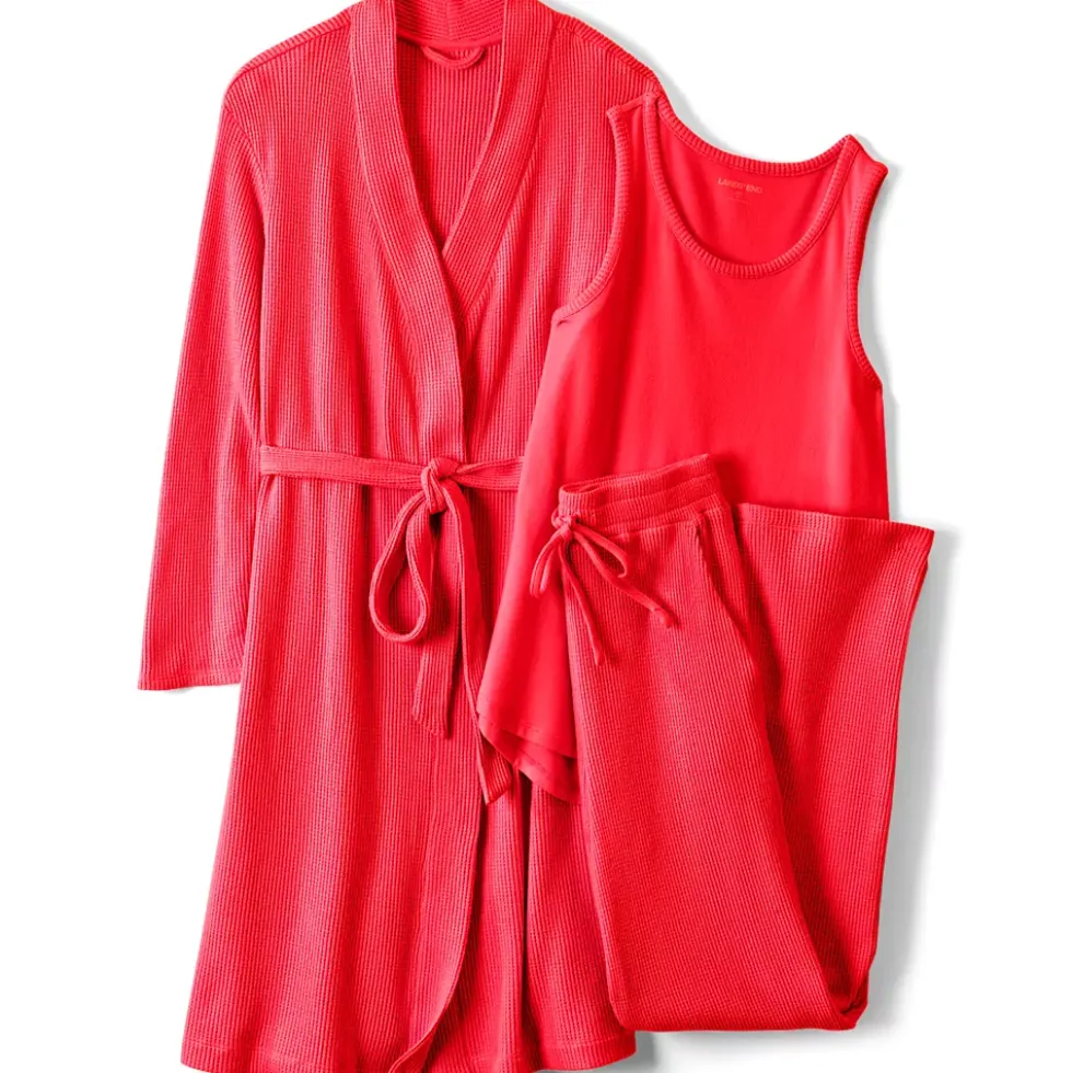 Women's Brushed Cozy Waffle Jersey 3 Piece Pajama Set - Tank Top Pant and Robe