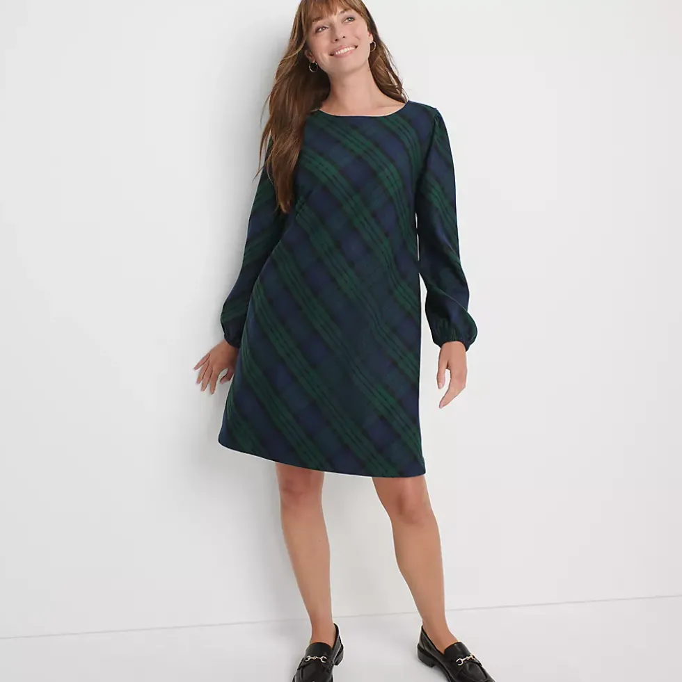 Women's Brushed Flannel Scoop Neck Long Sleeve Above Knee Dress