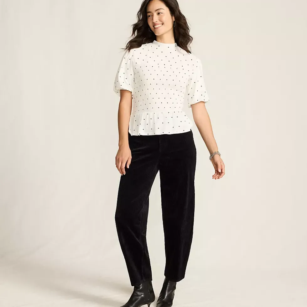 Women's Bubble Sleeve Silky Knit Smocked Mock Neck Top