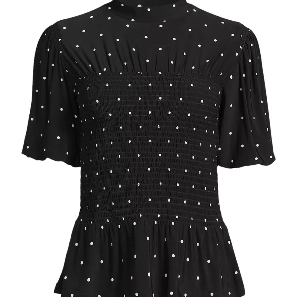 Women's Bubble Sleeve Silky Knit Smocked Mock Neck Top