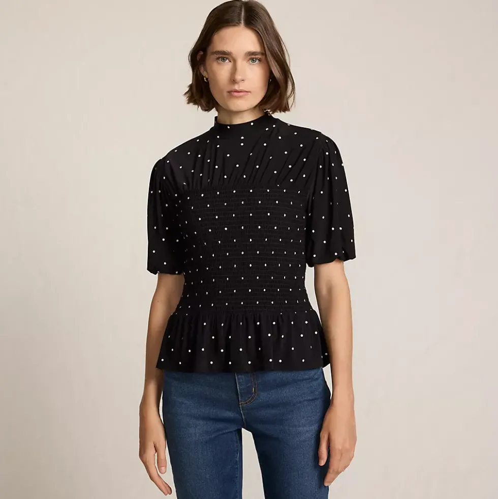 Women's Bubble Sleeve Silky Knit Smocked Mock Neck Top