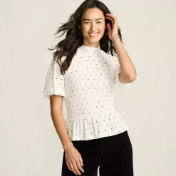 Women's Bubble Sleeve Silky Knit Smocked Mock Neck Top