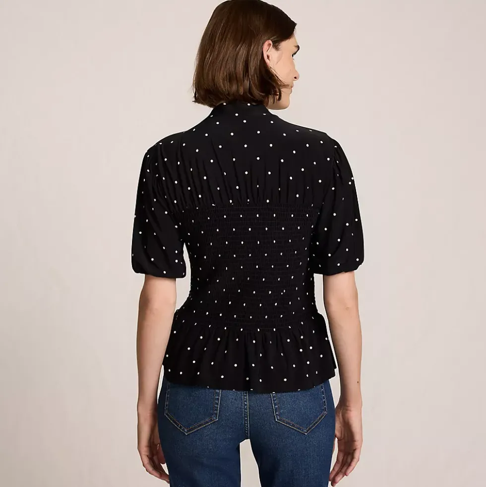 Women's Bubble Sleeve Silky Knit Smocked Mock Neck Top