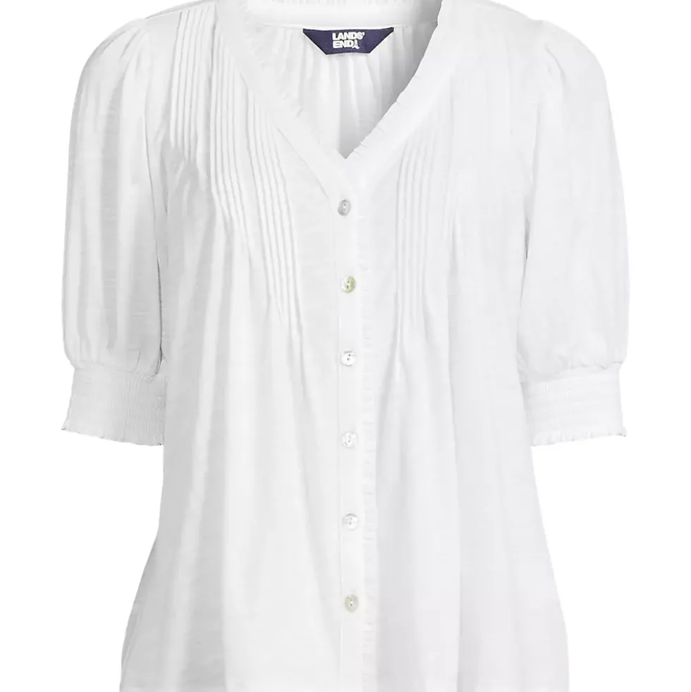 Women's Button Pintuck Puff Sleeve Top