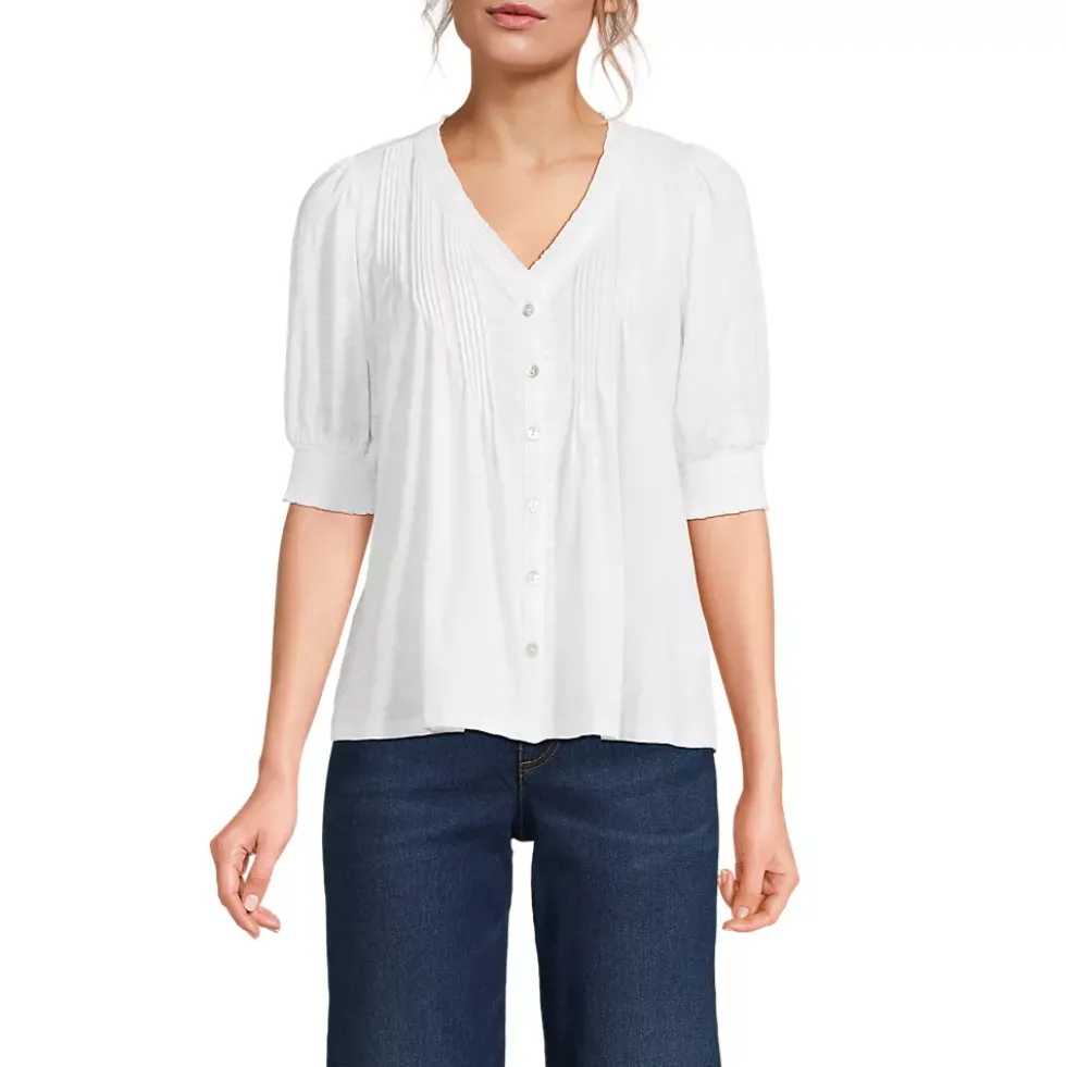 Women's Button Pintuck Puff Sleeve Top