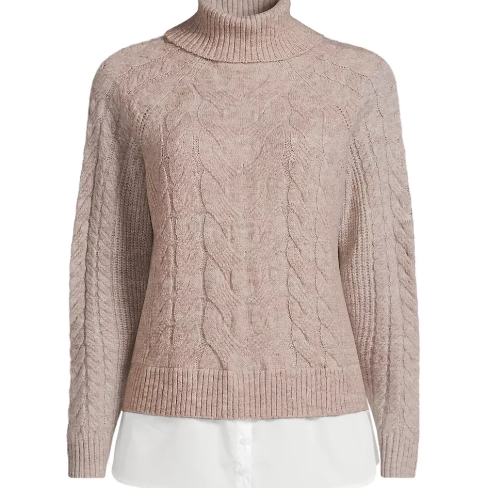 Women's Cable Turtleneck with Mock Shirt Detail Sweater