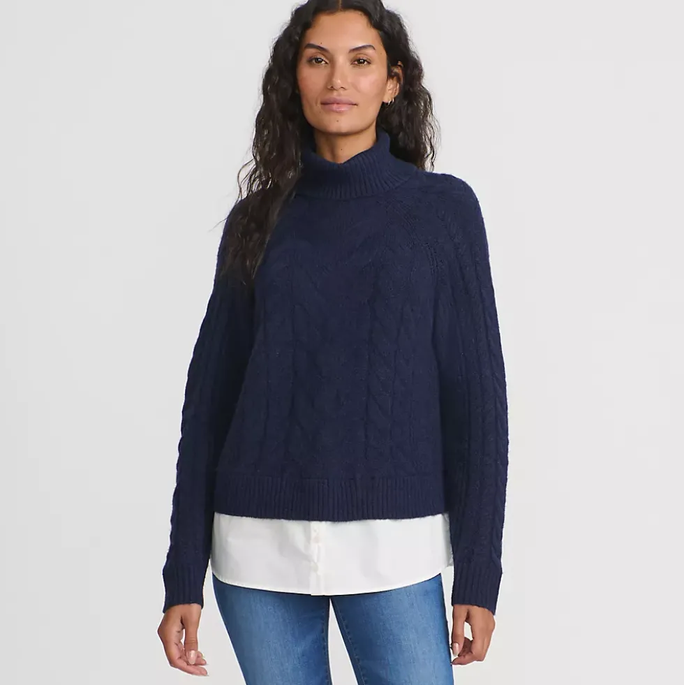 Women's Cable Turtleneck with Mock Shirt Detail Sweater