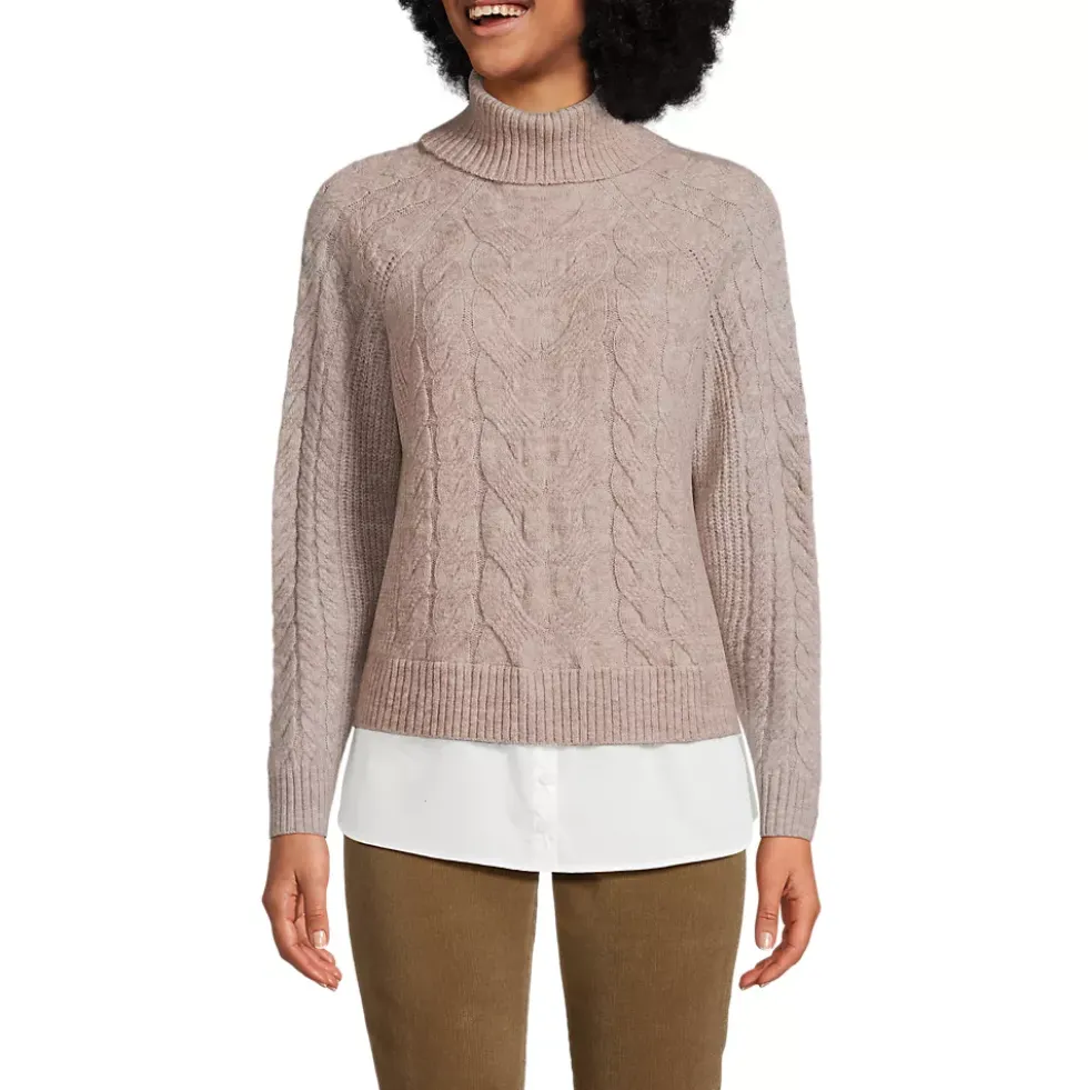 Women's Cable Turtleneck with Mock Shirt Detail Sweater