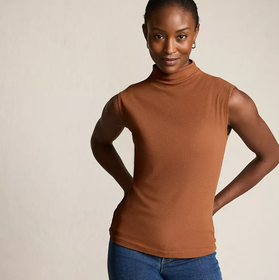 Women's Cap Sleeve Drapey Rib Fitted Funnel Neck Tank