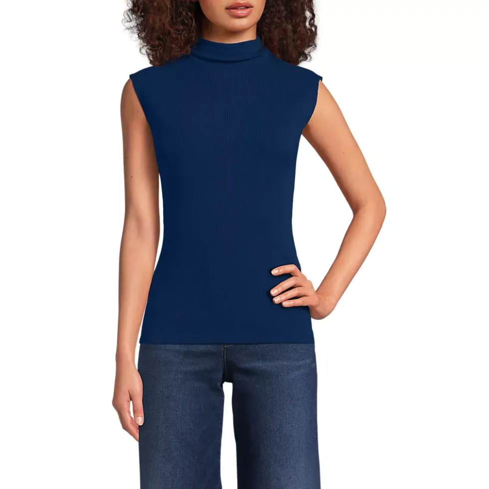 Women's Cap Sleeve Drapey Rib Fitted Funnel Neck Tank