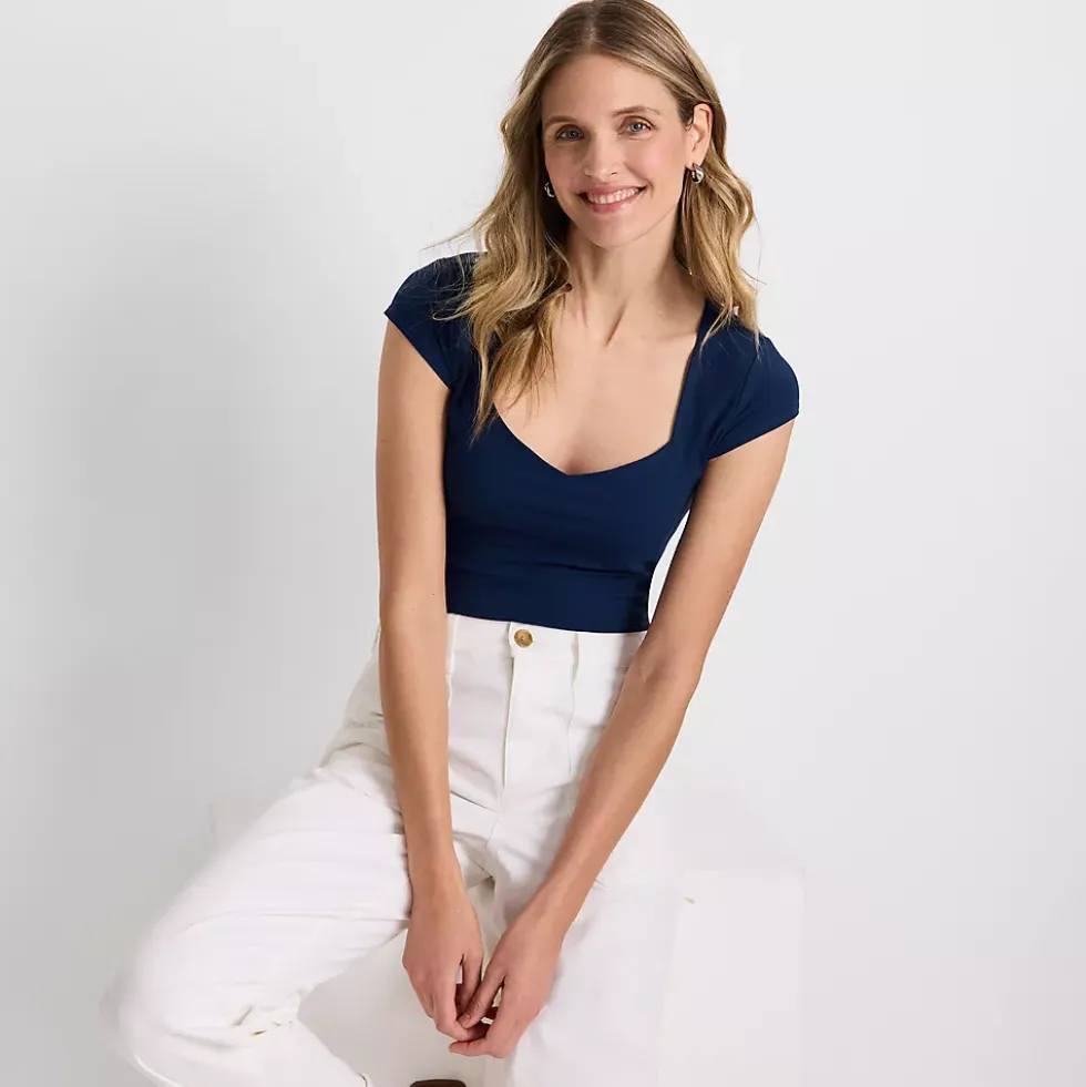 Women's Cap Sleeve Tugless Double Layer Sweetheart Knit Top