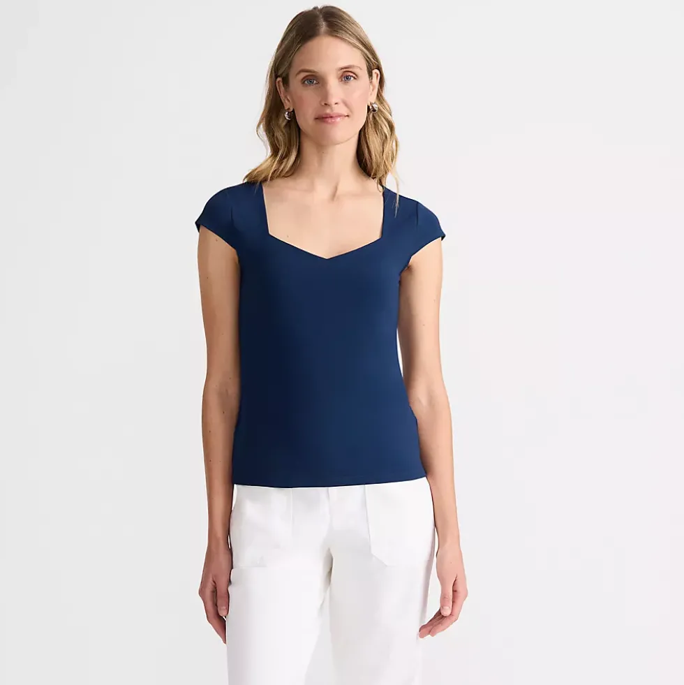 Women's Cap Sleeve Tugless Double Layer Sweetheart Knit Top