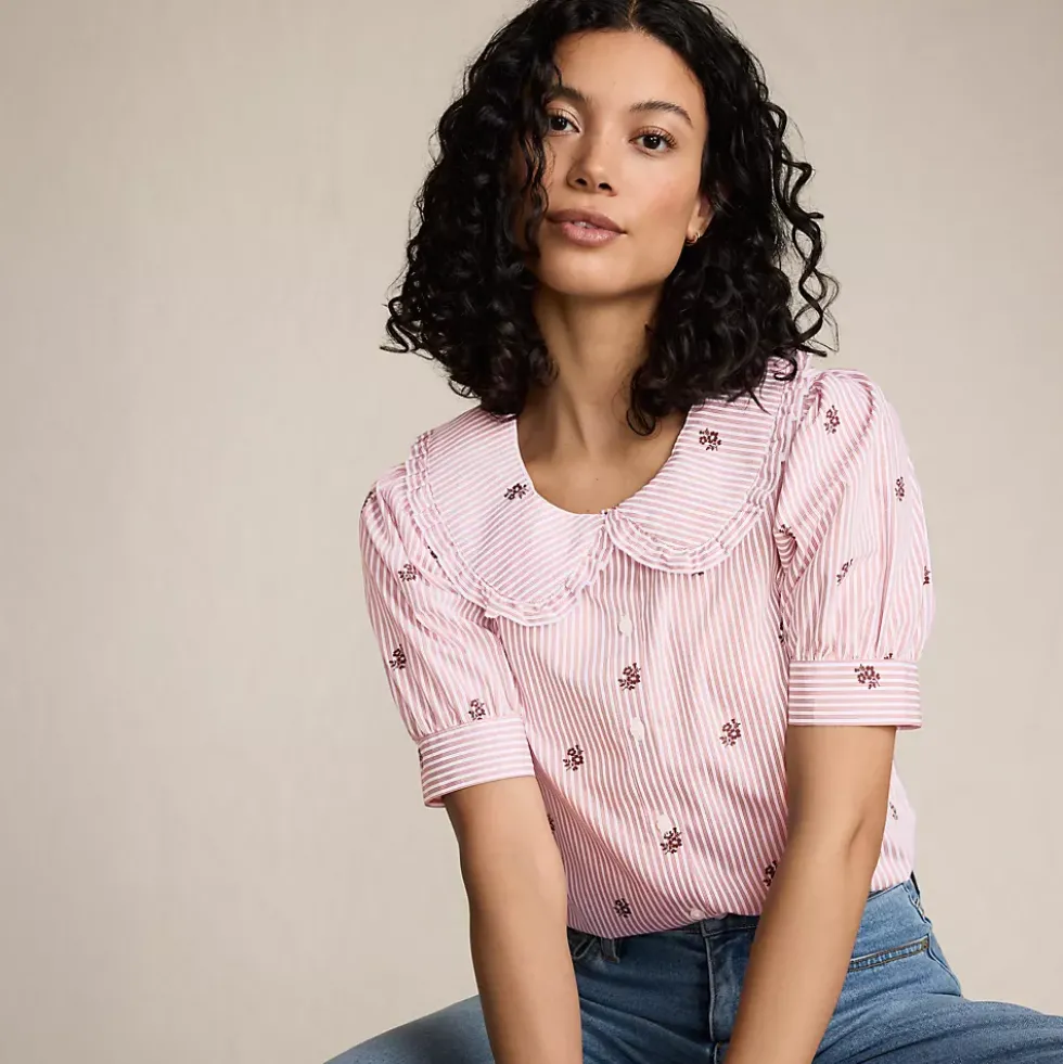 Women's Carefree Cotton Puff Sleeve Statement Collar Shirt
