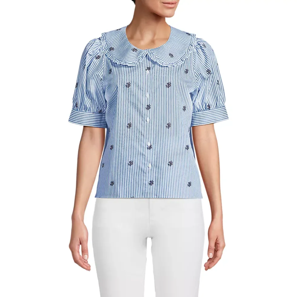 Women's Carefree Cotton Puff Sleeve Statement Collar Shirt
