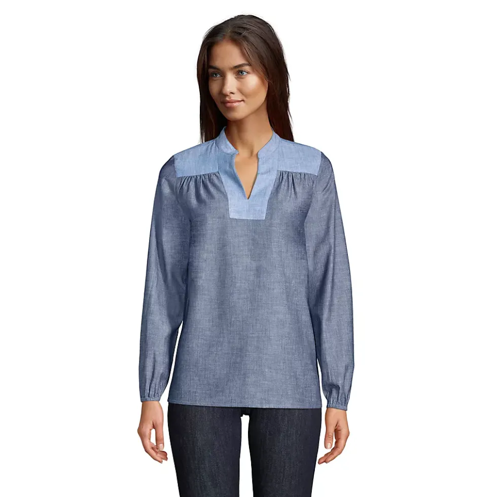 Women's Chambray Mix Peasant Top