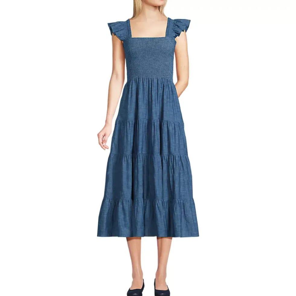 Women's Chambray Smocked Dress with Ruffle Straps