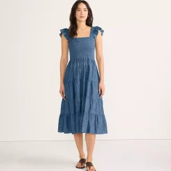 Women's Chambray Smocked Dress with Ruffle Straps