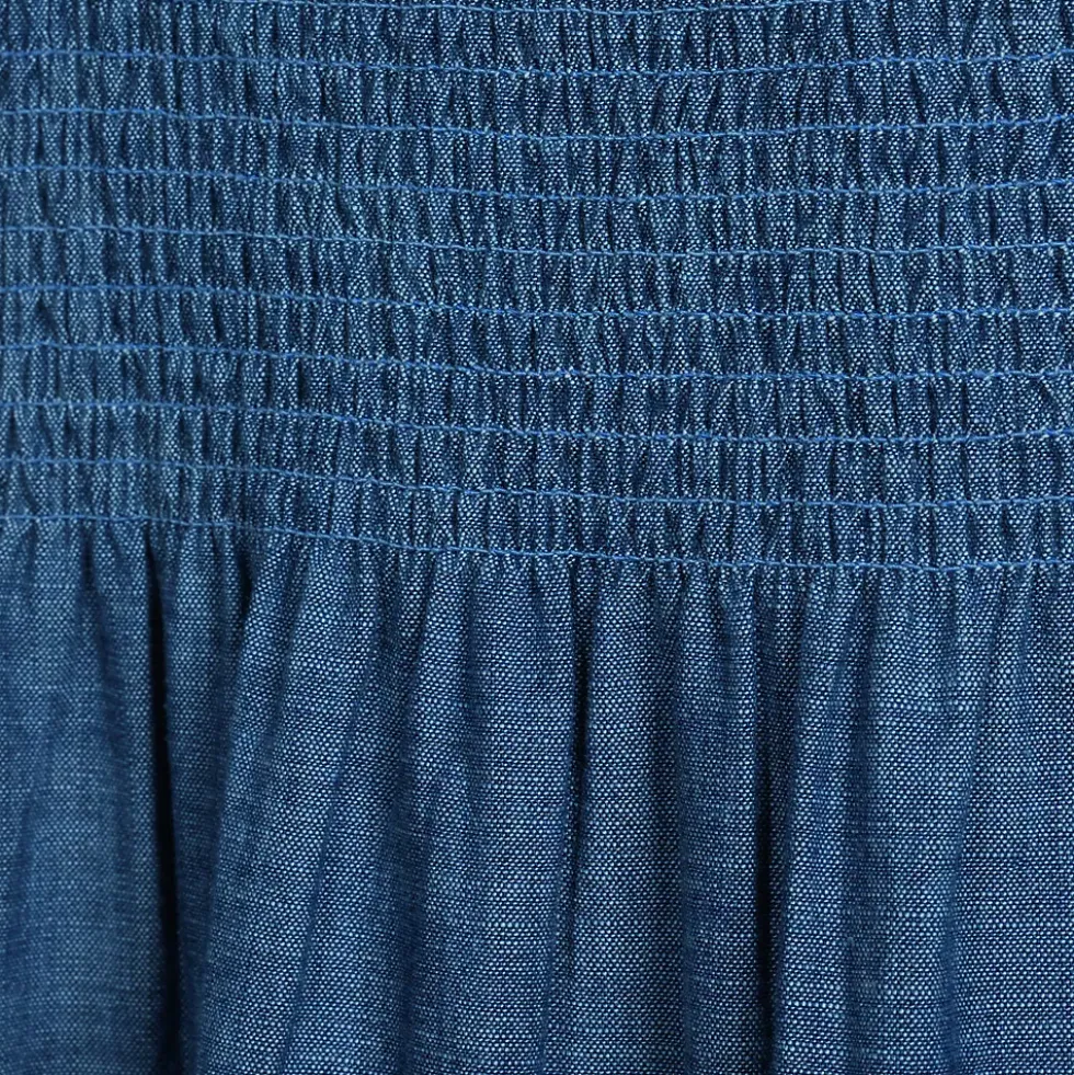 Women's Chambray Smocked Dress with Ruffle Straps