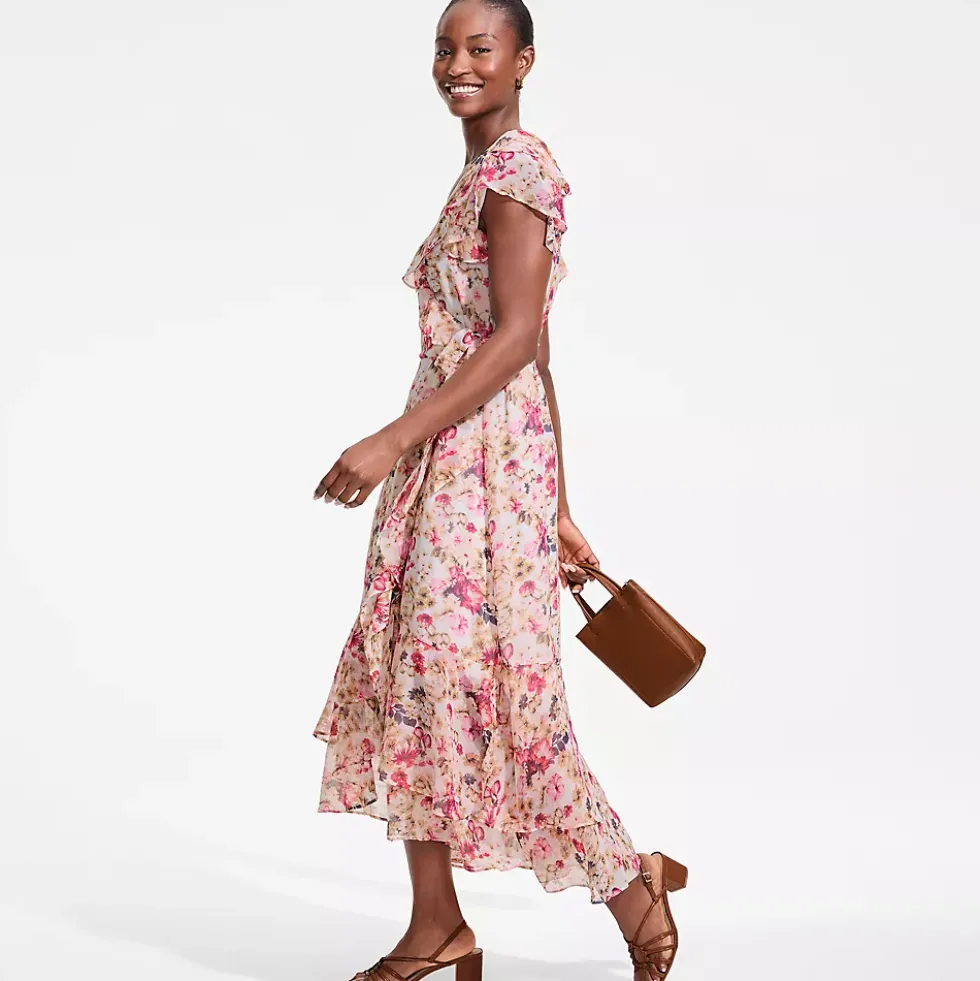 Women's Chiffon Flutter Sleeve V-Neck Wrap Maxi Dress