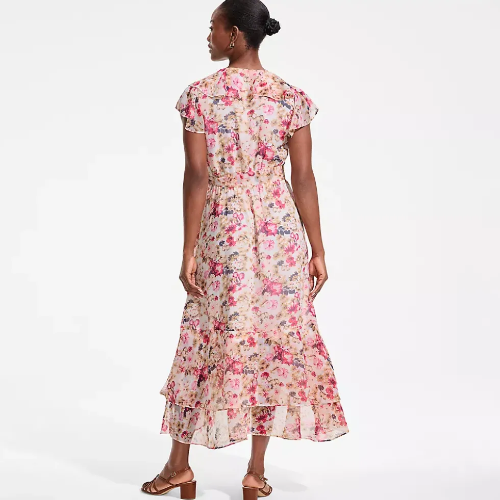 Women's Chiffon Flutter Sleeve V-Neck Wrap Maxi Dress