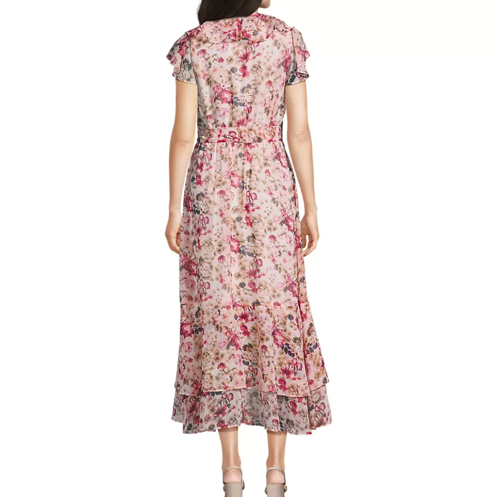 Women's Chiffon Flutter Sleeve V-Neck Wrap Maxi Dress