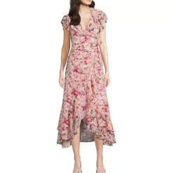 Women's Chiffon Flutter Sleeve V-Neck Wrap Maxi Dress