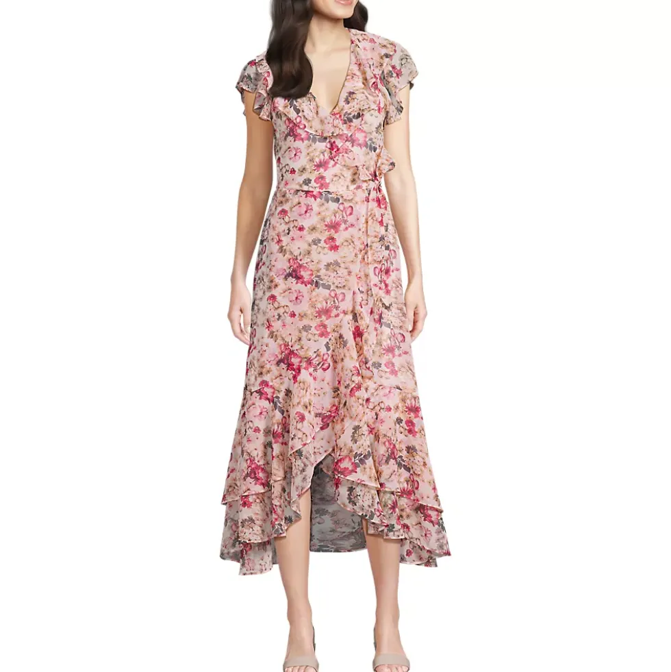 Women's Chiffon Flutter Sleeve V-Neck Wrap Maxi Dress