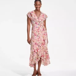 Women's Chiffon Flutter Sleeve V-Neck Wrap Maxi Dress