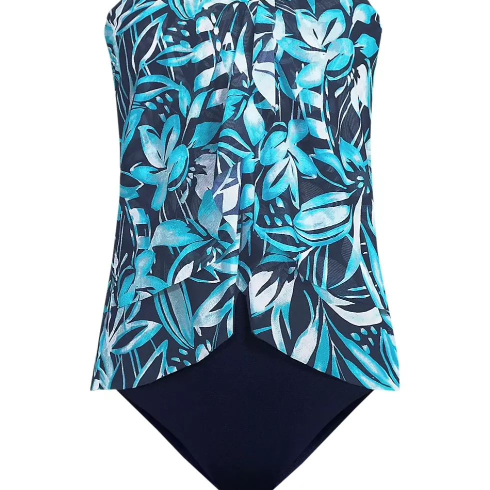Women's Chlorine Resistant Mesh Bandeau High Leg Fauxkini One Piece Swimsuit