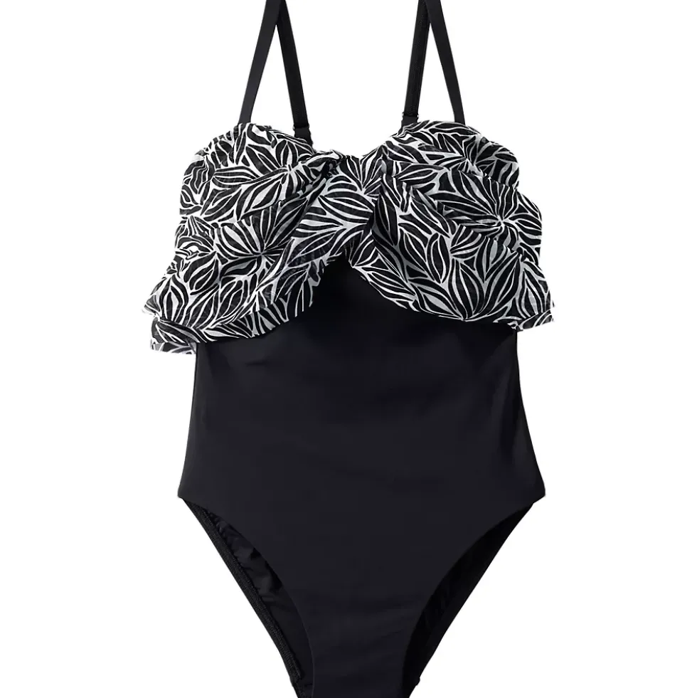 Women's Chlorine Resistant Mesh Bandeau High Leg Fauxkini One Piece Swimsuit