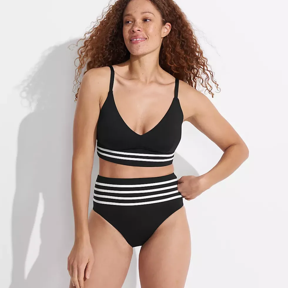 Women's Chlorine Resistant Piped Clean Front High Waisted High Leg Bikini Bottoms