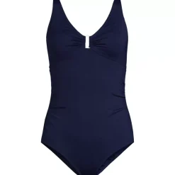 Women's Chlorine Resistant Shirred V-neck One Piece Swimsuit