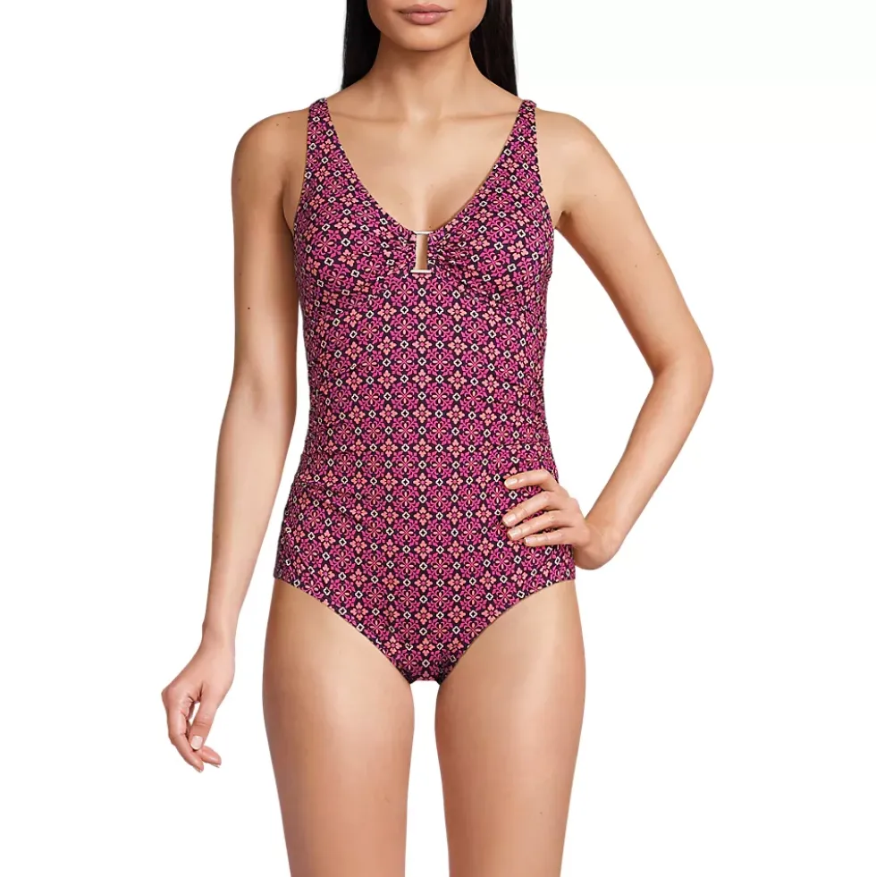 Women's Chlorine Resistant Shirred V-neck One Piece Swimsuit