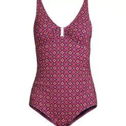 Women's Chlorine Resistant Shirred V-neck One Piece Swimsuit