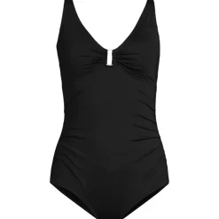 Women's Chlorine Resistant Shirred V-neck One Piece Swimsuit