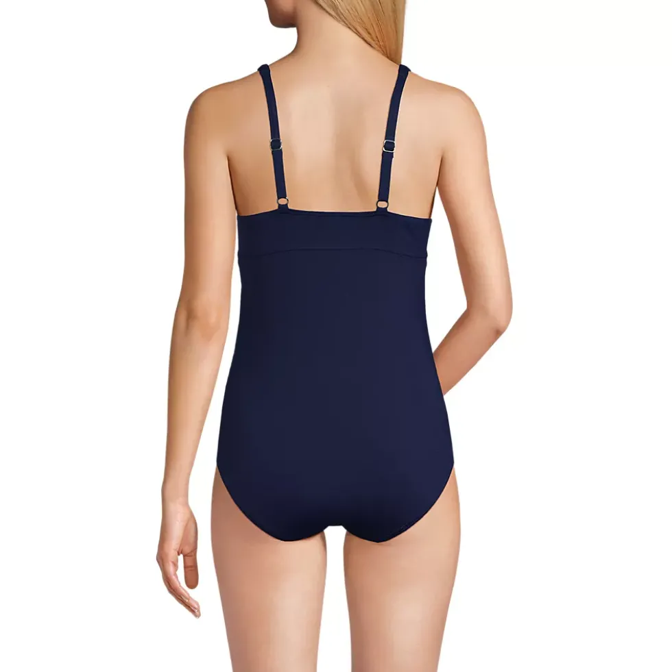 Women's Chlorine Resistant Shirred V-neck One Piece Swimsuit