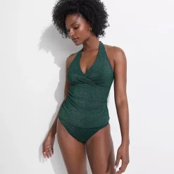 Women's Chlorine Resistant Shine V-neck Halter Tankini Swimsuit Top