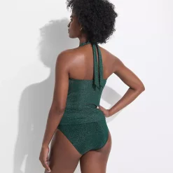 Women's Chlorine Resistant Shine V-neck Halter Tankini Swimsuit Top