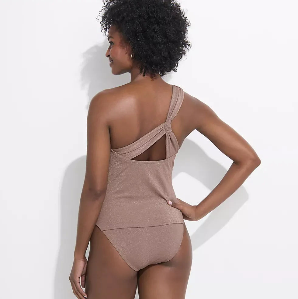 Women's Chlorine Resistant Shine Shirred One Shoulder Tankini Swimsuit Top