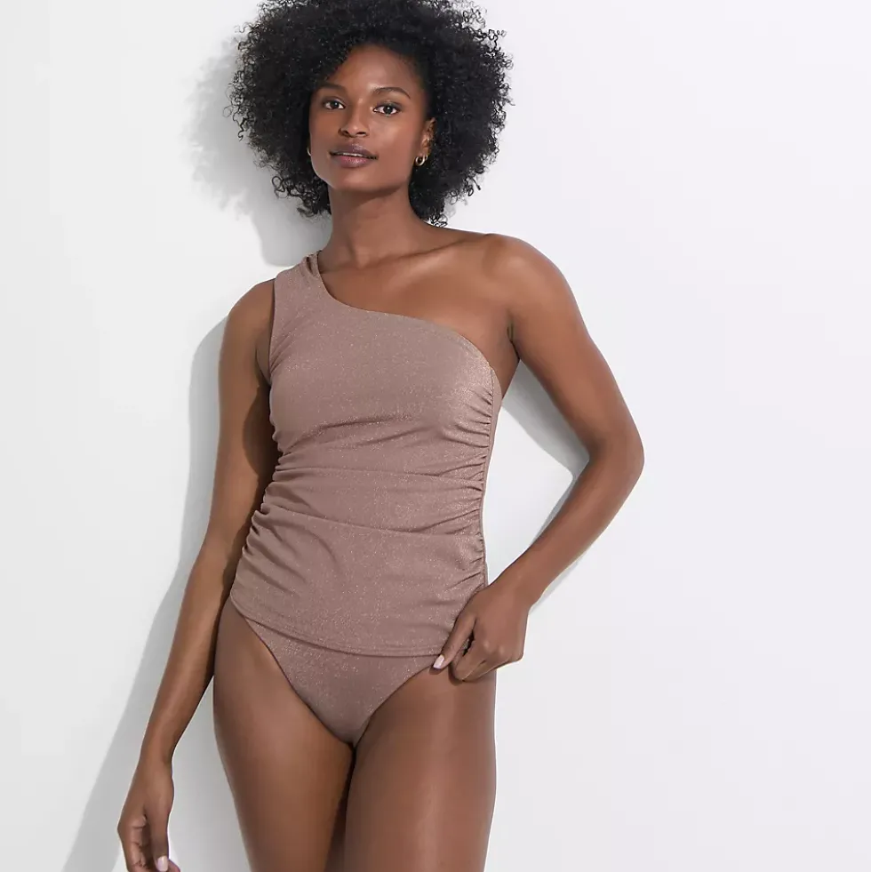 Women's Chlorine Resistant Shine Shirred One Shoulder Tankini Swimsuit Top