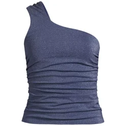 Women's Chlorine Resistant Shine Shirred One Shoulder Tankini Swimsuit Top