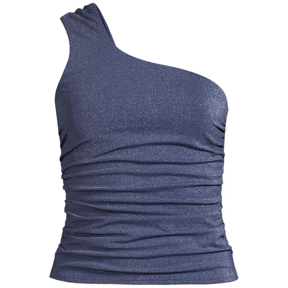 Women's Chlorine Resistant Shine Shirred One Shoulder Tankini Swimsuit Top