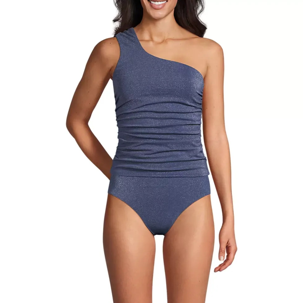 Women's Chlorine Resistant Shine Shirred One Shoulder Tankini Swimsuit Top