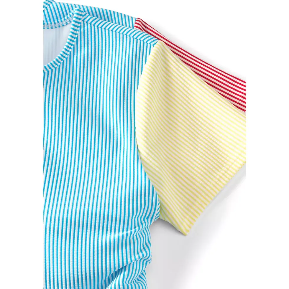 Women's Chlorine Resistant Short Sleeve Modest Tankini Top Swimsuit Built in Soft Cup Bra Seersucker