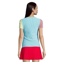 Women's Chlorine Resistant Short Sleeve Modest Tankini Top Swimsuit Built in Soft Cup Bra Seersucker
