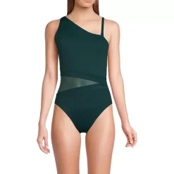 Women's Chlorine Resistant Smoothing Control Mesh High Leg One Shoulder One Piece Swimsuit