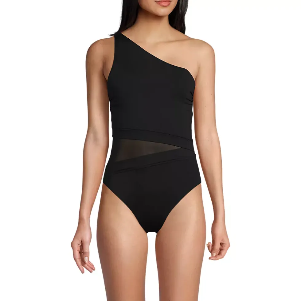 Women's Chlorine Resistant Smoothing Control Mesh High Leg One Shoulder One Piece Swimsuit