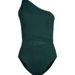 Women's Chlorine Resistant Smoothing Control Mesh High Leg One Shoulder One Piece Swimsuit