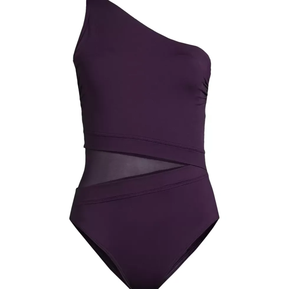 Women's Chlorine Resistant Smoothing Control Mesh High Leg One Shoulder One Piece Swimsuit